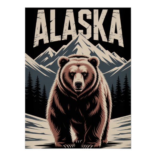 Poster Alaska Grizzly Bear & Snowy Mountains - Rustic (Devant)