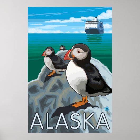Poster Alaska - Puffins regardant un bateau de croisière (Devant)