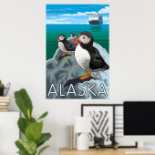 Poster Alaska - Puffins regardant un bateau de croisière (Bureau à domicile)