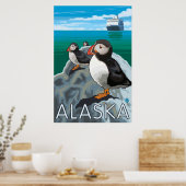 Poster Alaska - Puffins regardant un bateau de croisière (Cuisine)