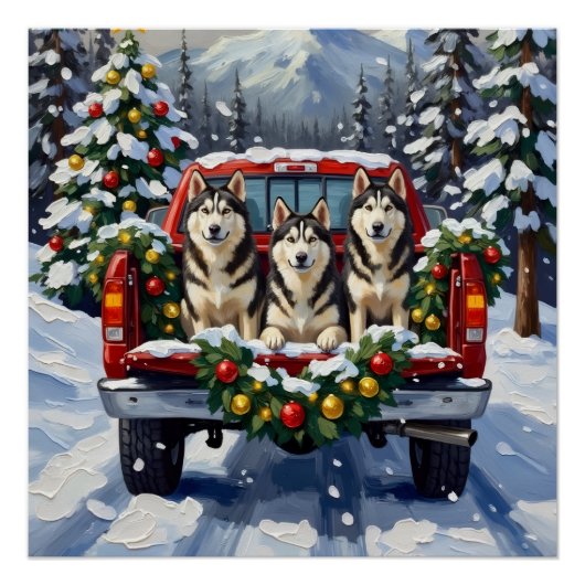 Poster Alaskan Malamute Christmas Red Truck Holiday (Devant)