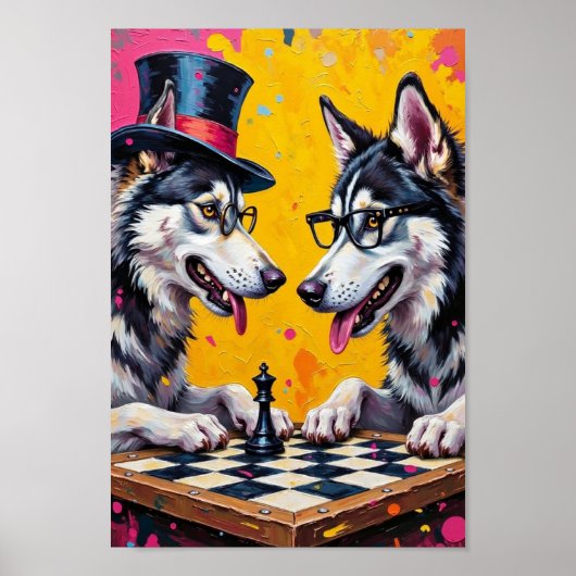 Poster Alaskan Malamute Playing Chess Pop Art (Devant)