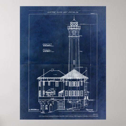 Poster Alcatraz Island Lighthouse Blueprint Vintage (Devant)