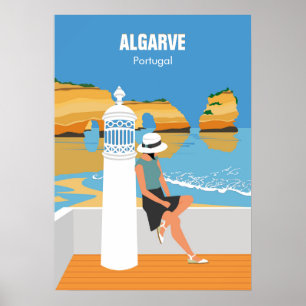 Poster Algarve beach girl travel vintage style