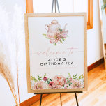 Poster ALICE Blush Floral Anniversaire Thé Brunch Bienven<br><div class="desc">Ce panneau d'accueil d'anniversaire présente des fleurs d'aquarelle printanière et un set de thé mignon. Ce thé d'anniversaire est parfait pour votre petit-déjeuner nuptial ou brunch.</div>