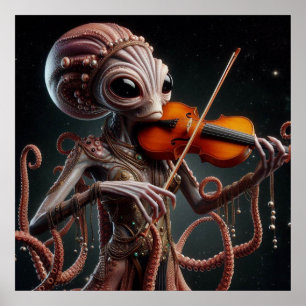 Poster Alien de l'espace Femail Octopus Jouer Violon