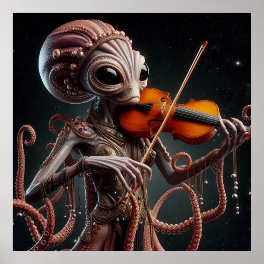 Poster Alien de l'espace Femail Octopus Jouer Violon (Devant)