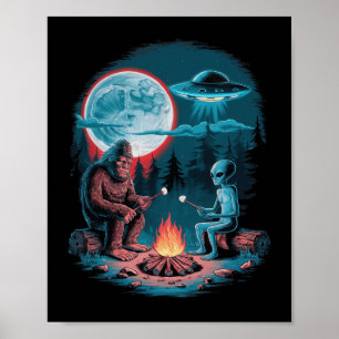 Poster Alien Drôle Et Bigfoot En Randonnée Lune Sasquatch