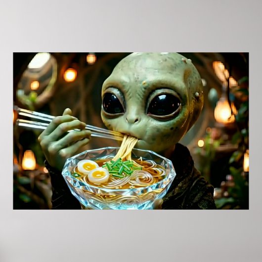 Poster Alien drôle mangeant des nouilles Ramen (Devant)