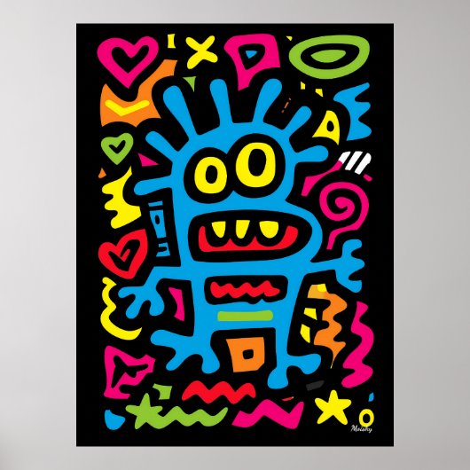 Poster Alien Funky Bleu – Art Pop Néon Créature Excentriq (Devant)