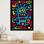 Poster Alien Funky Bleu – Art Pop Néon Créature Excentriq (Cuisine)