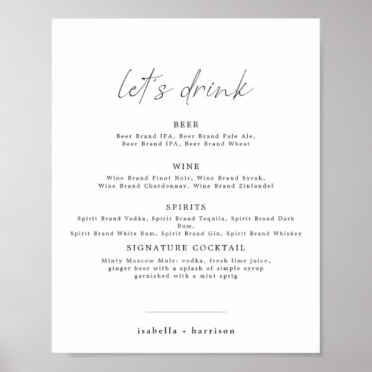 Poster ALINA Minimalist Elegant Let's Drink Bar Menu Post (Devant)