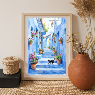 Poster Allée bleue méditerranéenne Art de chat à l'aquare