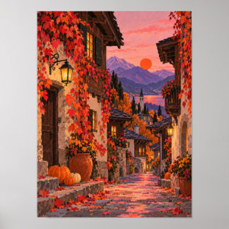 Poster Allée d'automne avec lanternes et feuilles de vign