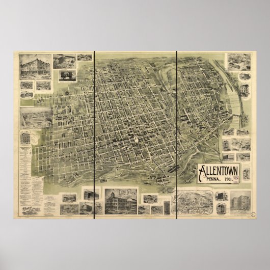 Poster Allentown Pennsylvanie 1901 Antique carte panorami (Devant)
