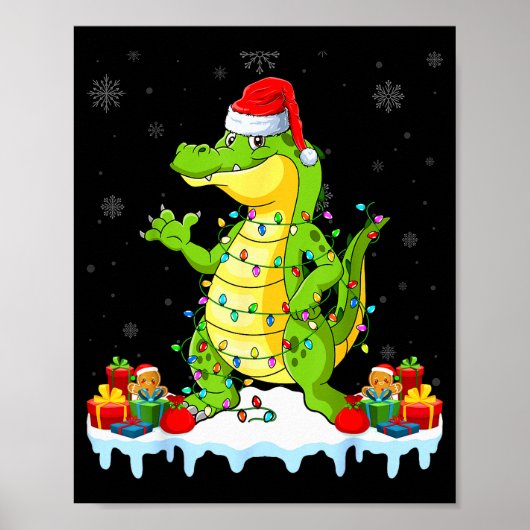 Poster Alligator Wearing Xmas Lights Santa Hat Alligator  (Devant)