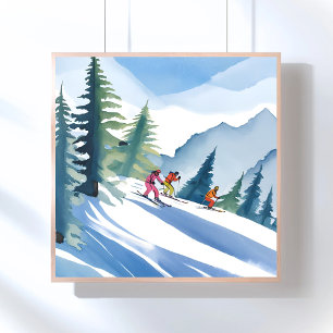 Poster Allons Skié Aquarelle d'hiver