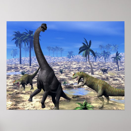 Poster Allosaurus attaquant brachiosaurus dinosaure (Devant)