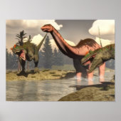 Poster Allosaurus chasse grand brontosaurus dinosaure (Devant)