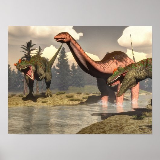 Poster Allosaurus chasse grand brontosaurus dinosaure (Devant)