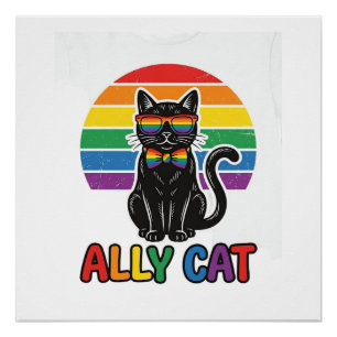Poster Ally Cat Rainbow Pride Vintage Chat T-Shirt Design