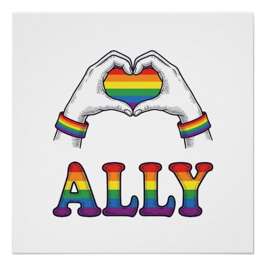 Poster Ally Rainbow Hands Heart Vintage Pride Conception (Devant)
