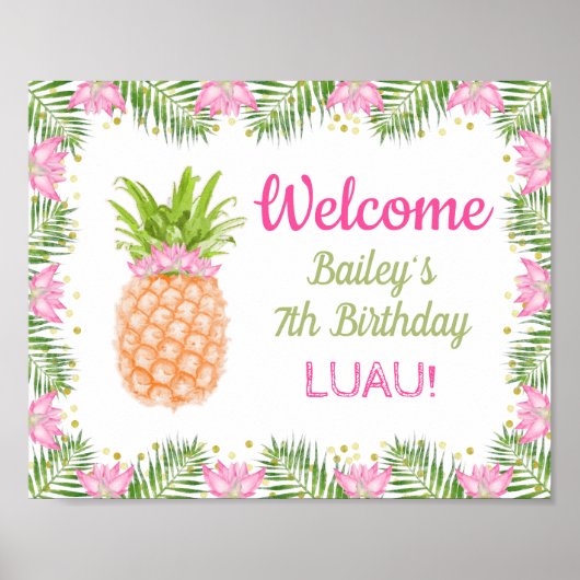 Poster Aloha Luau Anniversaire Décor rose or Bienvenue (Devant)