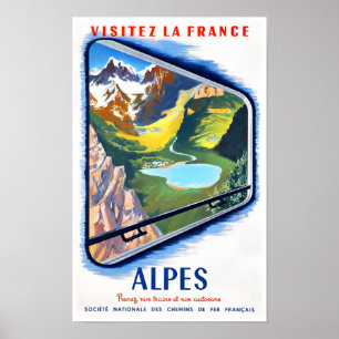 Poster Alpes en train France voyage vintage