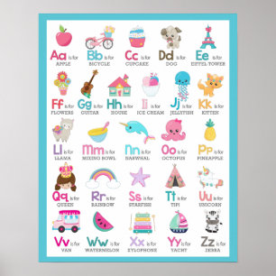 Poster Alphabet A à Z Enfants Bébé Nurserie sur Bleu