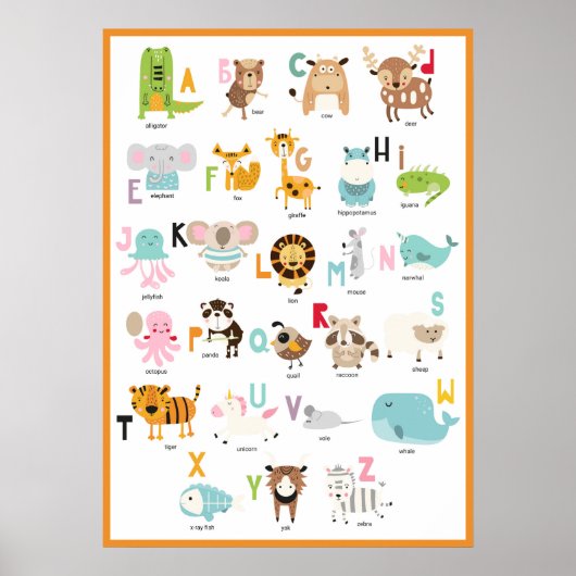 Poster Alphabet Animalier Cadre Orange Coloré Lumineux et (Devant)