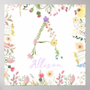 Poster Alphabet floral personnalisé Pépinière initiale Im