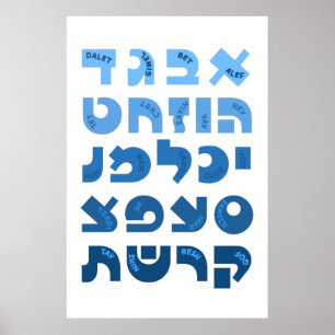 Poster Alphabet hébreu Aleph-Bet en bleu ombré pour enfan