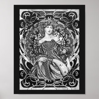 Poster Alphonse Mucha Girl en noir et blanc Art Nouveau
