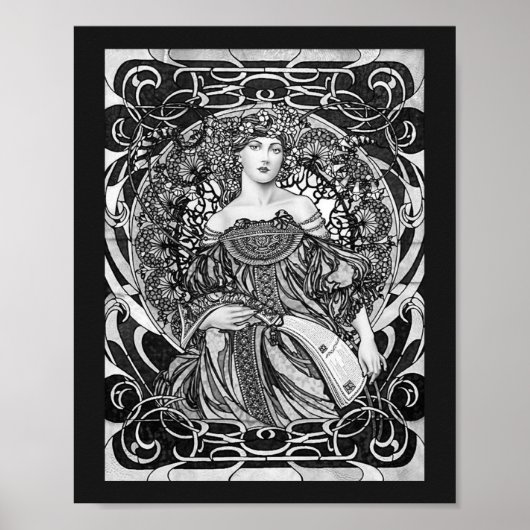 Poster Alphonse Mucha Girl en noir et blanc Art Nouveau (Devant)