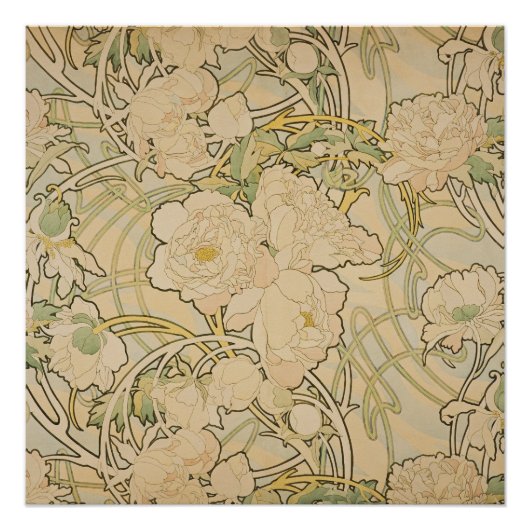 Poster Alphonse Mucha - Peonies (Devant)