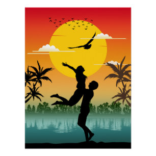 Poster Amant de la Silhouette du Coucher de Soleil Cadeau