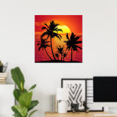 Poster Amazing sunset with palms on tropical beach (Bureau à domicile)