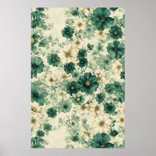 Poster Ambiance florale romantique vert et blanc