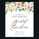 Poster Ambiance romantique Pink Florals<br><div class="desc">Aquarelle Romantique rose Peach Floral Garland Affiche de bienvenue nuptiale de déjeuner. Panneau d'accueil pour le déjeuner nuptial personnalisable avec une aquarelle de guirlandes de pêches et d'ivoire avec des accents de feuillage et de verdure. Des éléments correspondants sont disponibles.</div>