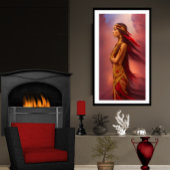 Poster Américaine Indienne robe rouge or plumes