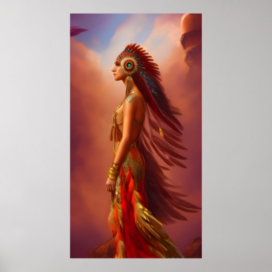 Poster Américaine Indienne robe rouge or plumes 2 (Devant)