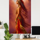 Poster Américaine Indienne robe rouge or plumes 2 (Bureau à domicile)