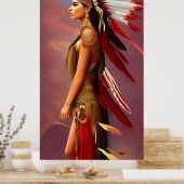 Poster Américaine Indienne rouge plumes blanches or (Cuisine)