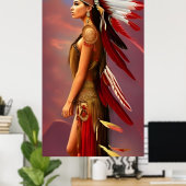 Poster Américaine Indienne rouge plumes blanches or (Bureau à domicile)