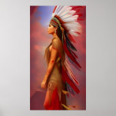 Poster Américaine Indienne rouge plumes d'or bleu (Devant)