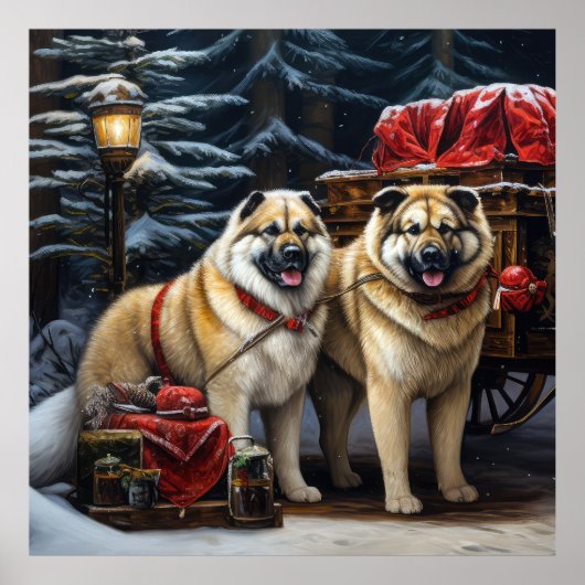 Poster American Akita Snowy Sleigh Ride Décor de Noël (Devant)