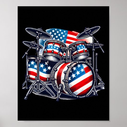 Poster American Flag Drum Drumset Usa Patriotic Drummer 4 (Devant)