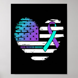 Poster American Flag Heart Turquoise Et Violet Ribbon Sui