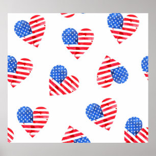 Poster American Flag Hearts Aquarelle en toute transparen
