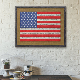 Poster American Flag Quilt Bible Verse Burlap